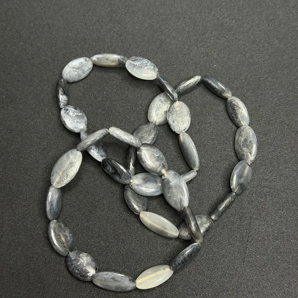 Stretch Bracelet Set Women 7in Grey Marbled‎ Resin Oval Bead 3pc